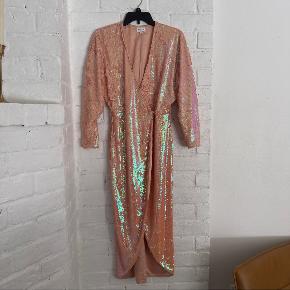 Song of Style Iridescent Sequin Wrap Dress XS | Rose Gold Pink Party Gown